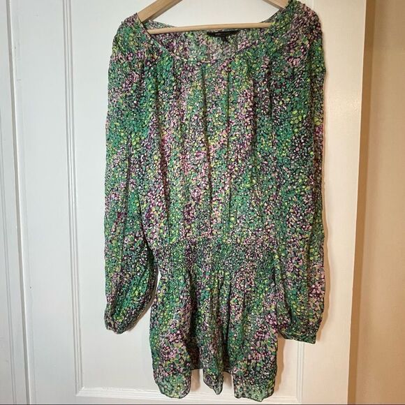 BCBGMaxAzria Split Sleeve Stunning Green Purple Watercolor Silk Tunic XS - Picture 11 of 16